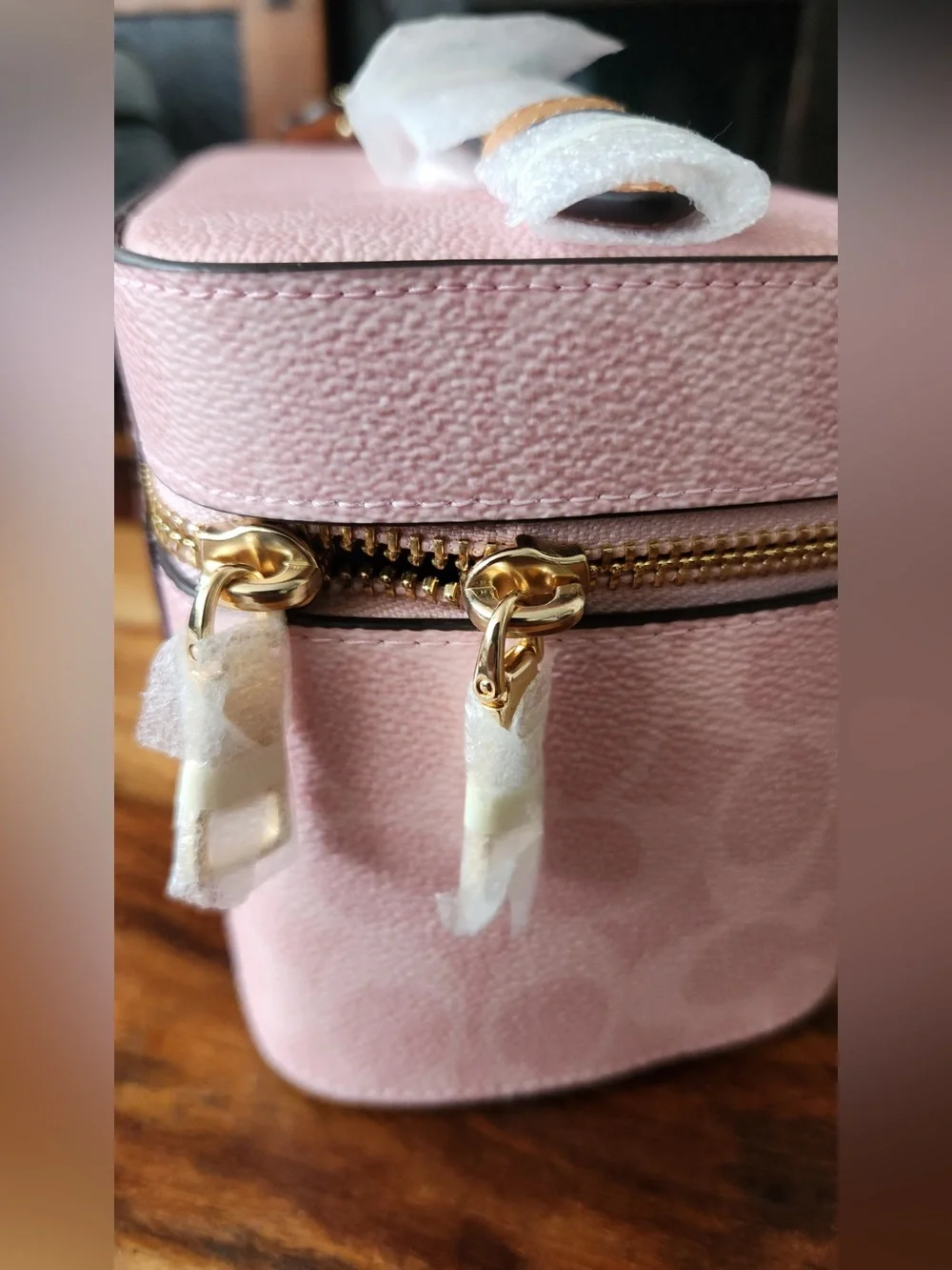 Coach Powder Pink Signature Canvas Cosmetic Case with Gold Hardware